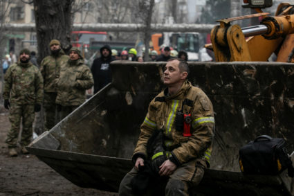 Aftermath of an apartment block destruction following a missile strike in Dnipro