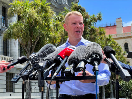 FILE PHOTO: Chris Hipkins speaks outside New Zealand's parliament in Wellington