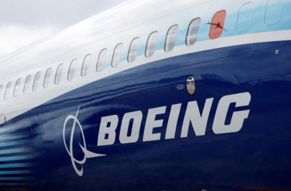 The Boeing logo is seen on the side of a Boeing 737 MAX at the Farnborough International Airshow, in Farnborough, Britain, July 20, 2022. Photo by Peter Cziborra/REUTERS