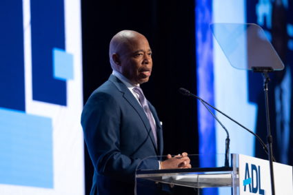 New York City Mayor Eric Adams speaks during the Anti-Defamation League's "Never is Now" summit at the Jacob Javits Conven...
