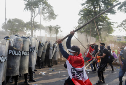 Protesters take part in the "Take over Lima" march to demonstrate against Peru's President Dina Boluarte, in Lima