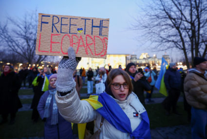 People protest claiming for combat tank delivery to support the Ukrainian military, in Berlin
