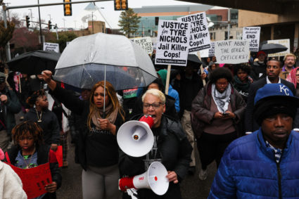 Protest following the release of videos showing Memphis Police officers beating Tyre Nichols, in Memphis