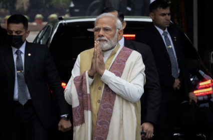 FILE PHOTO: India's Prime Minister Narendra Modi greets the media inside the parliament premises upon his arrival on the first day of the budget session in New Delhi, India, January 31, 2023. Photo by Adnan Abidi/Reuters