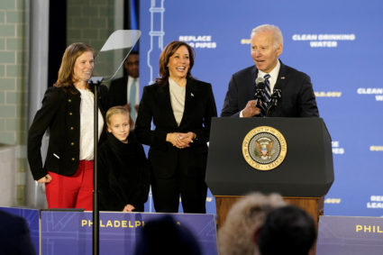 U.S. Vice President Kamala Harris, Jana Curtis, founder of Get the Lead Out Riverwards, and her daughter Nolyn Pace accompany U.S. President Joe Biden on stage as he delivers remarks at the Belmont Water Treatment Center during a visit to Philadelphia, Pennsylvania, U.S., February 3, 2023. Photo by Elizabeth Frantz/REUTERS