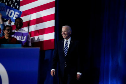 U.S. President Joe Biden and Vice President Kamala Harris deliver remarks at the DNC 2023 Winter Meeting in Philadelphia, ...