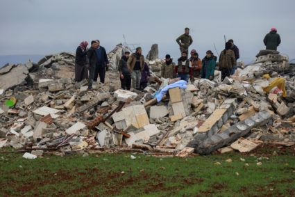 Rescuers search for survivors under the rubble, following an earthquake, in rebel-held town of Jandaris, Syria February 6, 2023. Photo by Mahmoud Hassano/REUTERS
