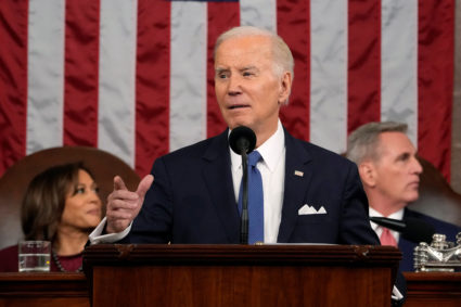 President Joe Biden delivers the State of the Union address to a joint session of Congress at the U.S. Capitol, Tuesday, Feb. 7, 2023, in Washington, as Vice President Kamala Harris and House Speaker Kevin McCarthy of Calif., listen. Photo by Jacquelyn Martin/Pool via REUTERS