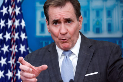 White House National Security Council Strategic Communications Coordinator Kirby takes questions during the daily press br...