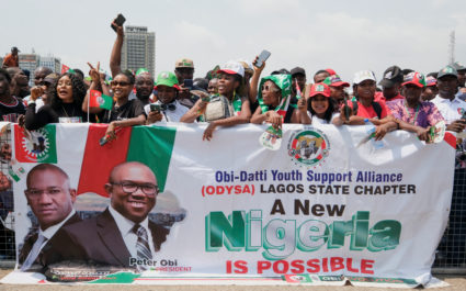 Supporters of Labour party's presidential candidate, Peter Obi attend a campaign rally, ahead of the Nigerian presidential...