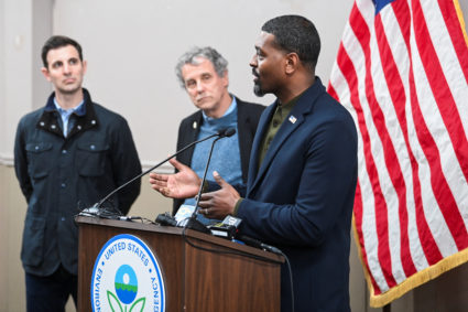 U.S. Environmental Protection Agency (EPA) Administrator Michael Regan speaks during a press conference after inspecting the site of a train derailment of hazardous material in East Palestine, Ohio, U.S., February 16, 2023. Photo by Alan Freed/REUTERS