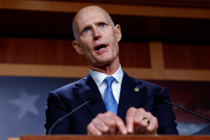 U.S. Senator Rick Scott (R-FL) calls for the rescinding of the COVID-19 mandate for U.S. military during a news conference about the National Defense Authorization Act, on Capitol Hill in Washington, U.S., December 7, 2022. Photo by Evelyn Hockstein/REUTERS