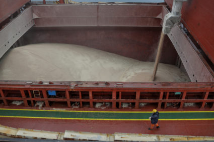 Crew member of Liberian-flagged bulk carrier Valsamitis watches for loading wheat for Kenya and Ethiopia in a sea port of ...