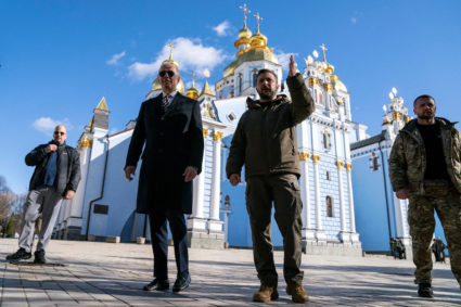 U.S. President Joe Biden walks with Ukrainian President Volodymyr Zelenskiy at St. Michael's Golden-Domed Cathedral during an unannounced visit, in Kyiv, Ukraine, Monday, Feb. 20, 2023. Photo by Evan Vucci/Pool via REUTERS