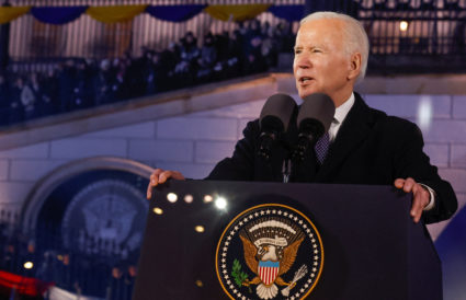 U.S. President Joe Biden delivers remarks ahead of the one year anniversary of Russia's invasion of Ukraine, outside the Royal Castle, in Warsaw, Poland, February 21, 2023. Photo by Evelyn Hockstein/REUTERS