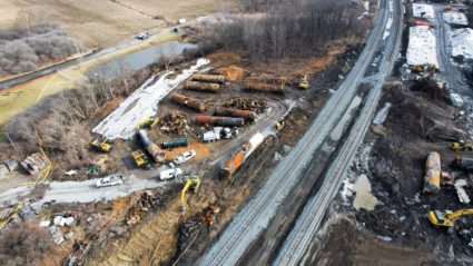 FILE PHOTO: A general view of the site of the derailment of a train carrying hazardous waste in East Palestine, Ohio, U.S., February 23, 2023. Photo by Alan Freed/Reuters