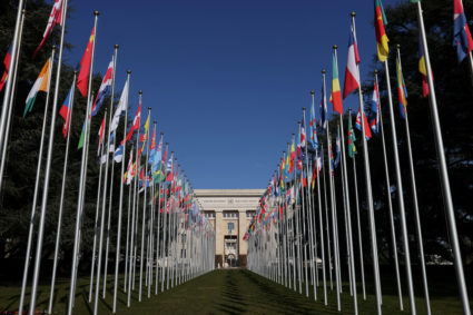 The flags alley is seen outside the United Nations building during the Human Rights Council in Geneva