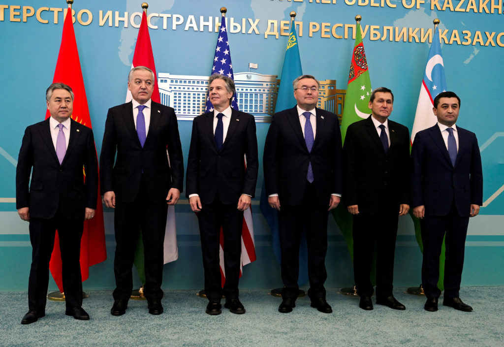 Kyrgyz Foreign Minister Jeenbek Kulubaev, Tajik Foreign Minister Sirojiddin Muhriddin, U.S. Secretary of State Antony Blinken, Kazakh Foreign Minister Mukhtar Tleuberdi, Turkmen Foreign Minister Rashid Meredow and Uzbek Foreign Minister Bakhtiyor Saidov participate in the U.S. - Central Asia (C5+1) ministerial meeting in Astana, Kazakhstan, February 28, 2023. Photo by Olivier Douliery/Pool via REUTERS