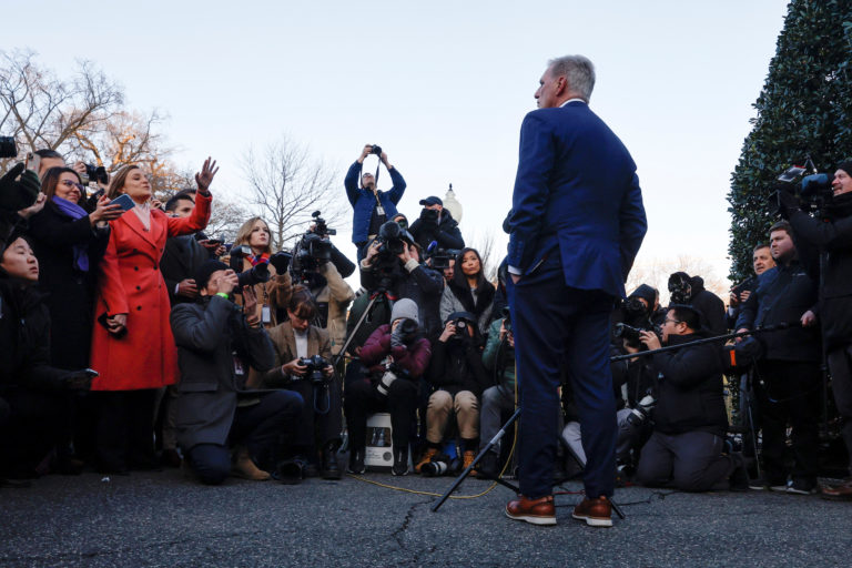 U.S. House Speaker McCarthy speaks with reporters following his meeting with President Biden at the White House in Washington