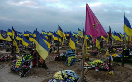 View shows graves of killed Ukrainian defenders at a cemetery in Kharkiv