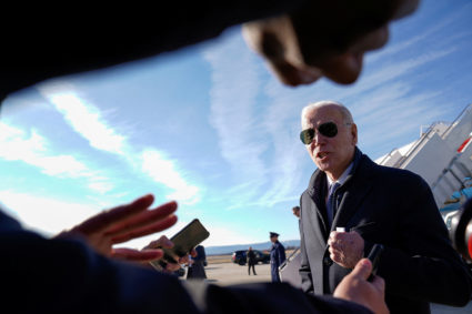 U.S. President Joe Biden speaks to reporters after disembarking from Air Force One en route to Camp David at Hagerstown Re...