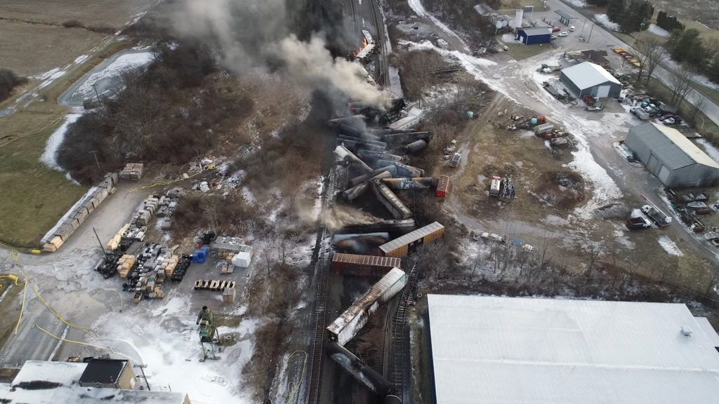A drone footage shows the freight train derailment in East Palestine, Ohio