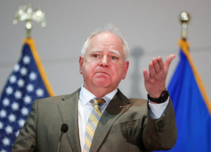 Minnesota Gov. Tim Walz speaks in St. Paul, Minnesota, U.S. April 20, 2021 after the verdicts in the trial of Derek Chauvin, the former Minneapolis policeman found guilty of killing George Floyd, a Black man, in Minneapolis. Photo by Eric Miller/REUTERS