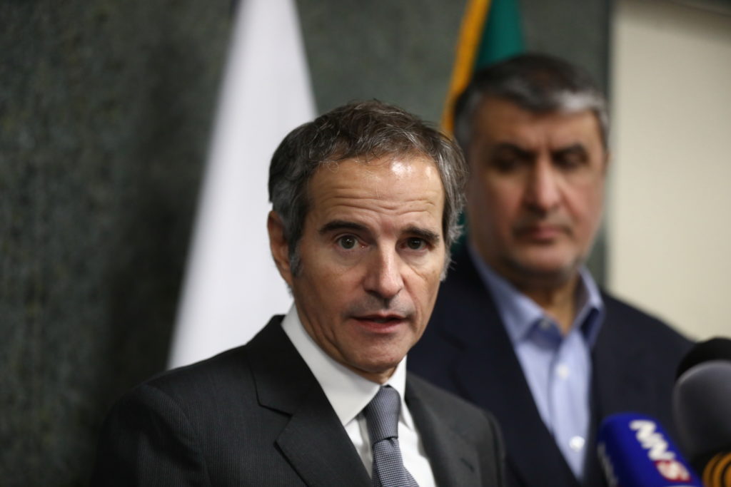 International Atomic Energy Agency (IAEA) Director General Rafael Mariano Grossi looks on during a news conference with He...