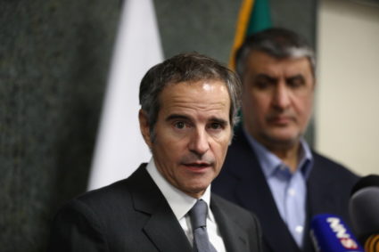 International Atomic Energy Agency (IAEA) Director General Rafael Mariano Grossi looks on during a news conference with He...