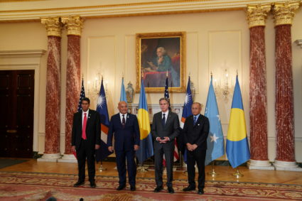 Secretary of State Antony Blinken meets with Palau's President Surangel Whipps Jr, Micronesia's President David Panuelo an...