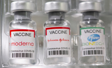 FILE PHOTO: Vials labelled "Moderna, Johnson&amp;Johnson, Pfizer - Biontech coronavirus disease (COVID-19) vaccine" are se...