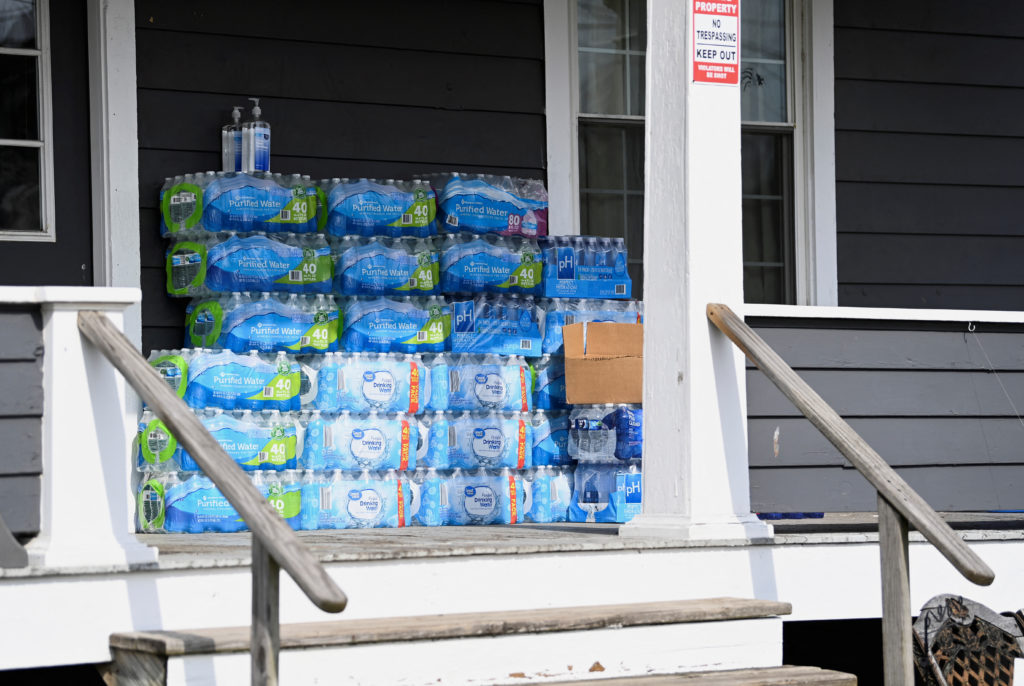 A supply of bottled water sits at a residence in East Palestine, Ohio