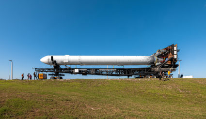 Relativity Space's 3D-printed rocket Terran 1 sits is rolled out to the launch pad at the Cape Canaveral Air Force Station in this December 7, 2022 photograph released ahead of its scheduled launch in Cape Canaveral, Florida, March 8, 2023. Photo by Trevor Mahlmann/Relativity Space via REUTERS/Handout