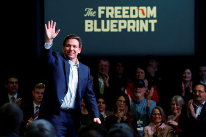 Florida Governor Ron DeSantis makes his first trip to the early voting state of Iowa for a book tour stop at the Rhythm City Casino Resort in Davenport, Iowa, U.S. March 10, 2023. Photo by Jonathan Ernst/REUTERS
