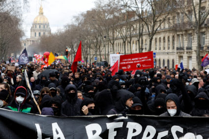 Protesters attend a demonstration against French government's pension reform plan in Paris, as part of the eighth day of national strike and protests in France, March 15, 2023. Photo by Gonzalo Fuentes/REUTERS