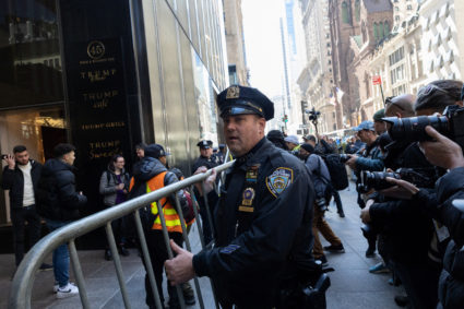 Members of the NYPD install barricades in front of Trump Tower after a message was posted on the Truth Social account of former U.S. President Donald Trump stating he expects to be arrested Tuesday, and calling for his supporters to protest, in New York City, U.S., March 21, 2023. Photo by Caitlin Ochs/REUTERS