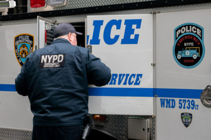A member of the NYPD Emergency Services unit arrives at Manhattan District Attorney Alvin Bragg's office, following reports that an envelope containing white powder was delivered, in New York City, U.S., March 24, 2023. Photo by David 'Dee' Delgado/REUTERS