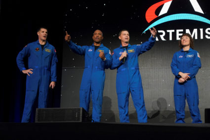 Astronauts Reid Wiseman, Victor Glover, Jeremy Hansen and Christina Koch, crew members of the Artemis II space mission to the moon and back, attend an NASA event in Houston, Texas, U.S., April 3, 2023. Photo by Go Nakamura/REUTERS