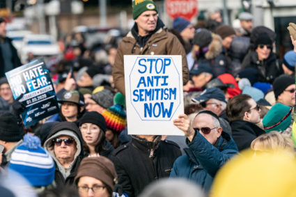 People participate in a Jewish solidarity march on January 5, 2020 in New York City. The march was held in response to a recent rise in anti-Semitic crimes in the greater New York metropolitan area. Photo by Jeenah Moon/Getty Images