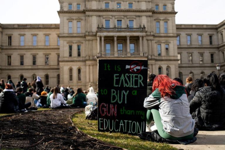 Michigan State Univeristy students gather at Michigan State Capitol to protest gun violence