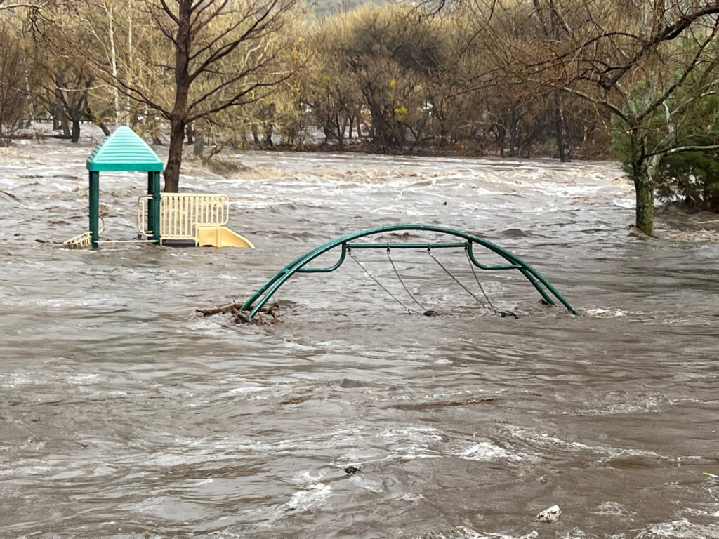 A general view of the overflowing Kern River in Kernville, California