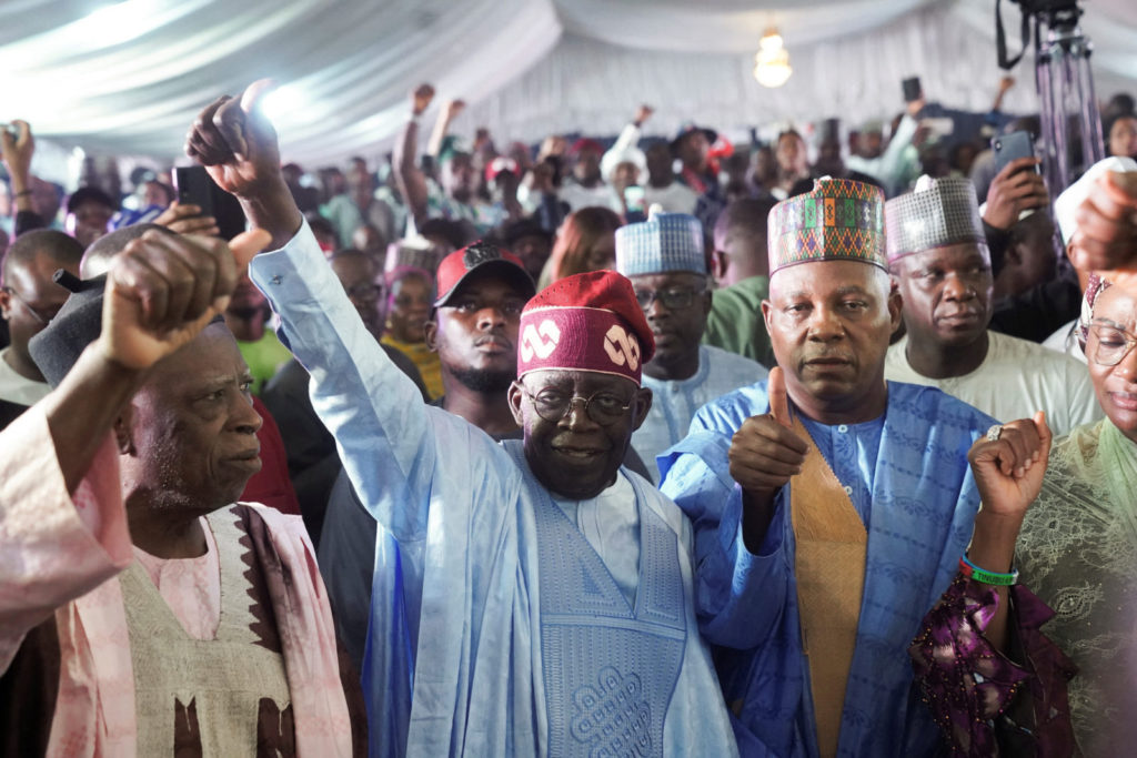 Bola Ahmed Tinubu reacts after he was declared winner in Nigeria's presidential election at the Party's campaign headquart...