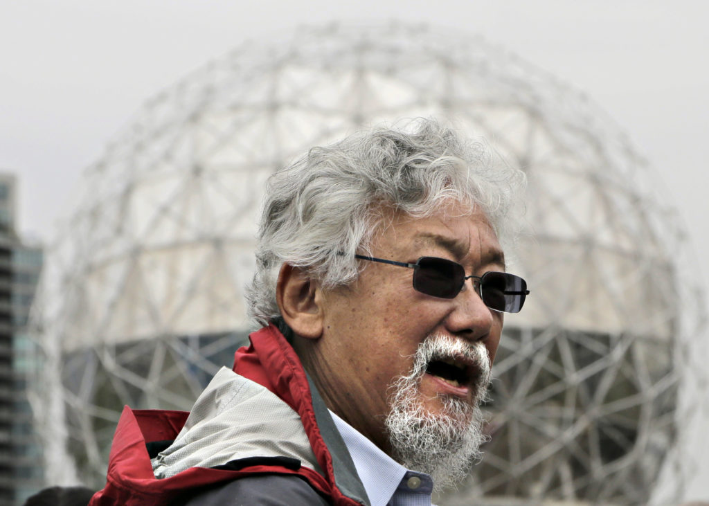 Canadian environmentalist David Suzuki talks to media during a news conference in Vancouver
