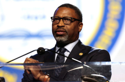 FILE PHOTO: Derrick Johnson delivers remarks at the opening plenary session of the NAACP's annual convention in Detroit, Michigan, July 22, 2019. File photo by Rebecca Cook/REUTERS