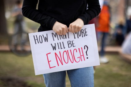 Dozens gather at the Colorado State Capitol to discuss gun violence in the wake of the Boulder shooting that took place on Monday at King Soopers, leaving ten dead, in Denver, Colorado, U.S. March 28, 2021. Photo by Alyson McClaran/REUTERS