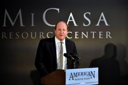 Colorado Governor Jared Polis speaks about the American Rescue Plan Act on the one year anniversary of the law during his ...