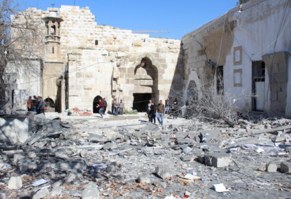 People inspect the damage at the Citadel of Damascus, in the aftermath of what state media said were Israeli air strikes, Syria, February 19, 2023. Photo by Firas Makdesi/REUTERS