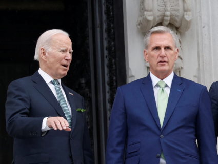U.S. President Joe Biden talks with House Speaker Kevin McCarthy (R-CA) as they depart following the annual Friends of Ireland luncheon at the U.S. Capitol in Washington, U.S., March 17, 2023. Photo by Evelyn Hockstein/REUTERS
