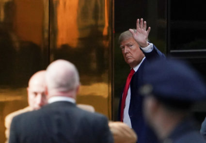 Former U.S. President Donald Trump arrives at Trump Tower, after his indictment by a Manhattan grand jury following a probe into hush money paid to porn star Stormy Daniels, in New York City, U.S April 3, 2023. Photo by David Dee Delgado/REUTERS