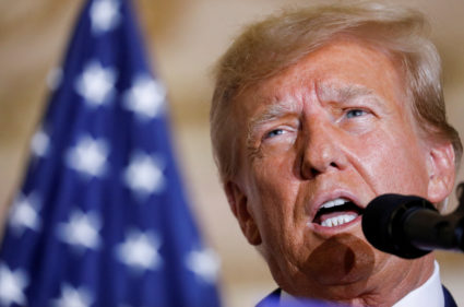 Former U.S. President Donald Trump delivers remarks on the day of his court appearance in New York after being indicted by a Manhattan grand jury following a probe into hush money payments meant to cover up alleged sexual encounters before the 2016 election, in Palm Beach, Florida, U.S., April 4, 2023. Photo by Marco Bello/REUTERS